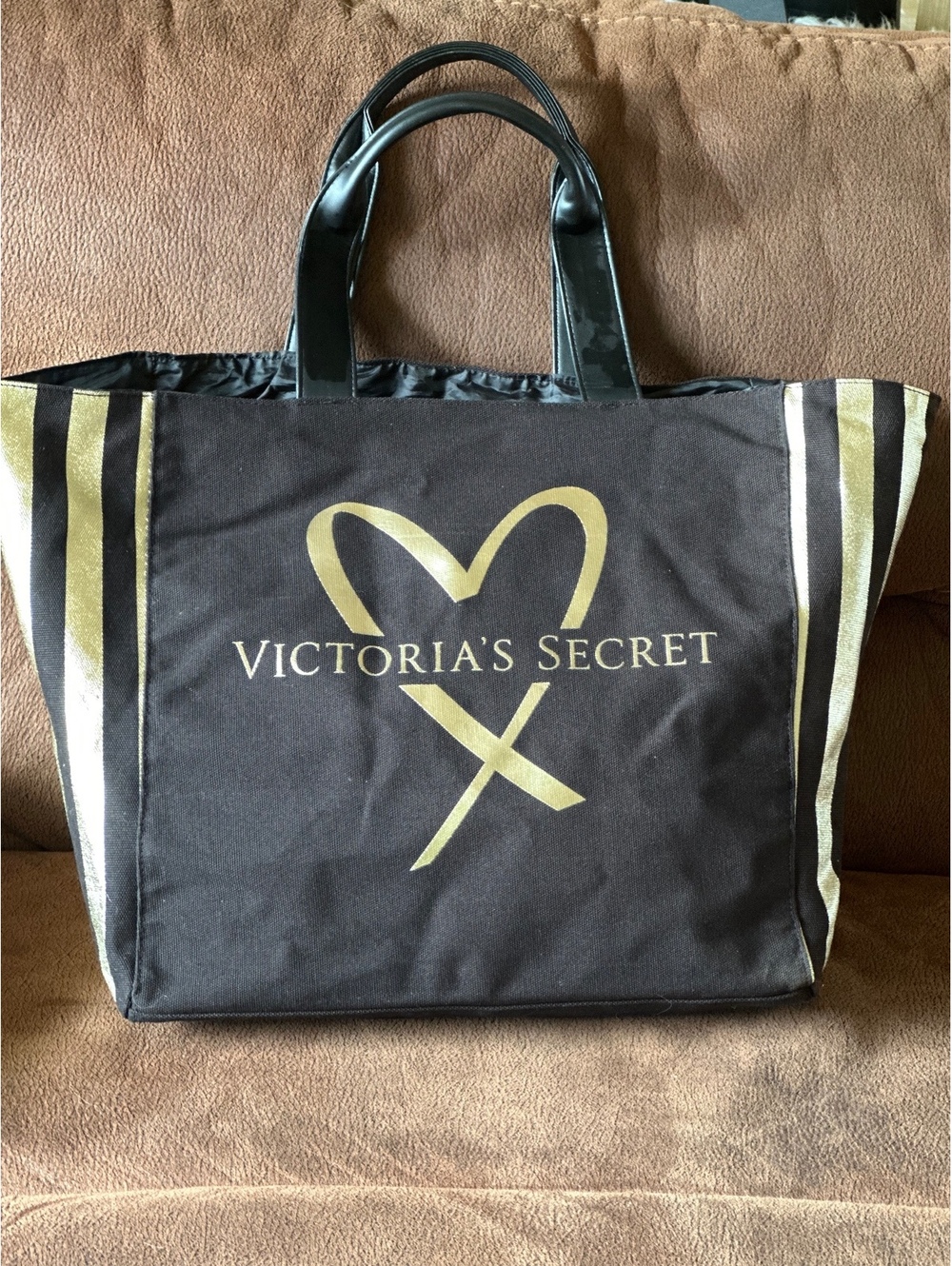 Victoria's Secret Black & Gold Canvas Tote Bag Metallic Striped Large Weekender